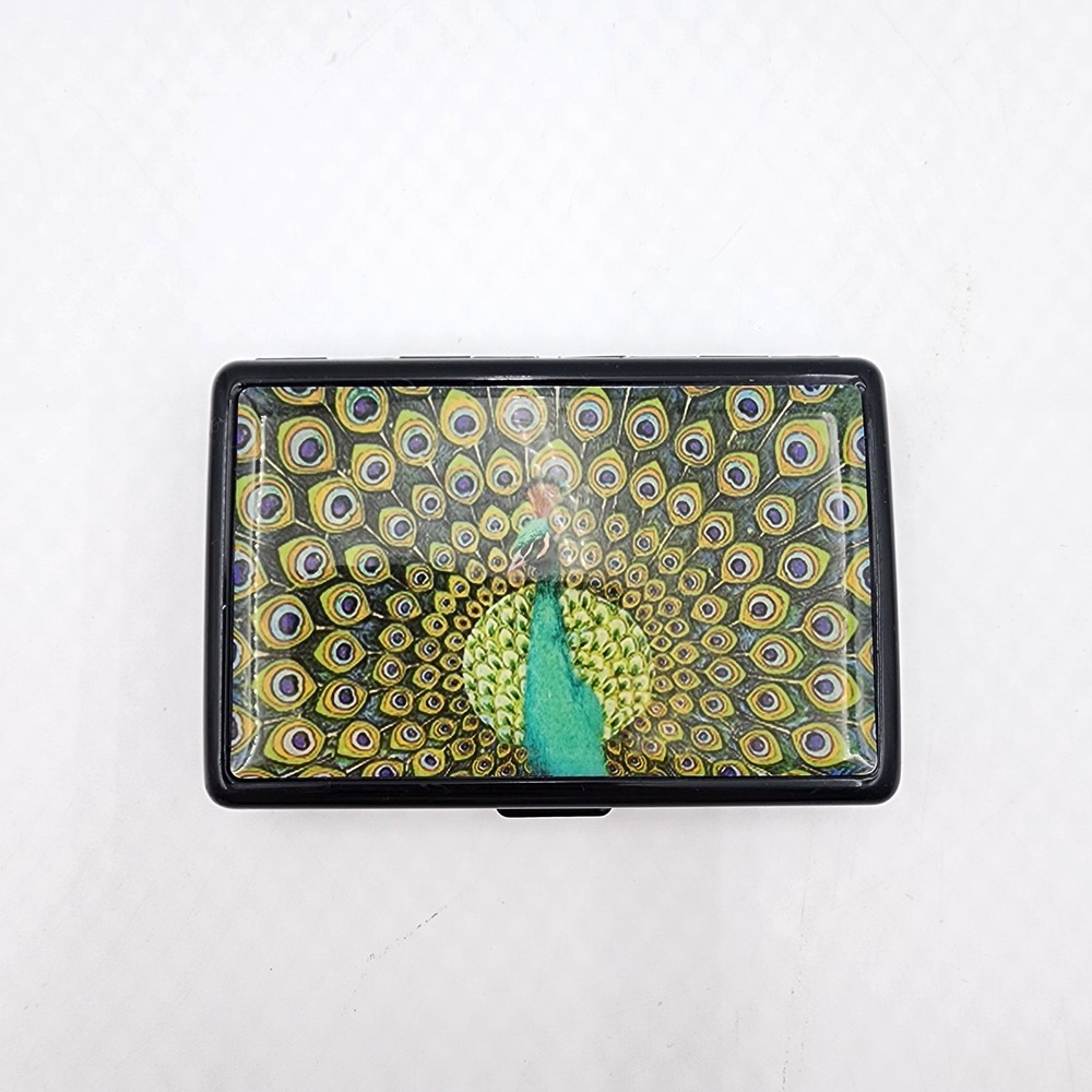 Art Nouveau Style Peacock Cigarette Case Double Sided Metal Card Wallet Box